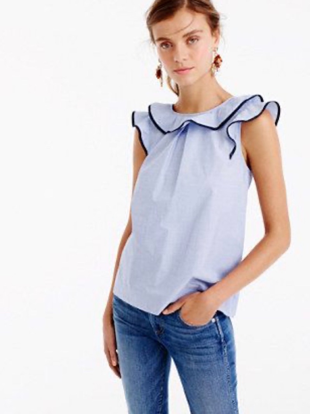 J.CREW Womens Ruffle Piped Open Back Top 00 Coastal Preppy Nautical Old Money